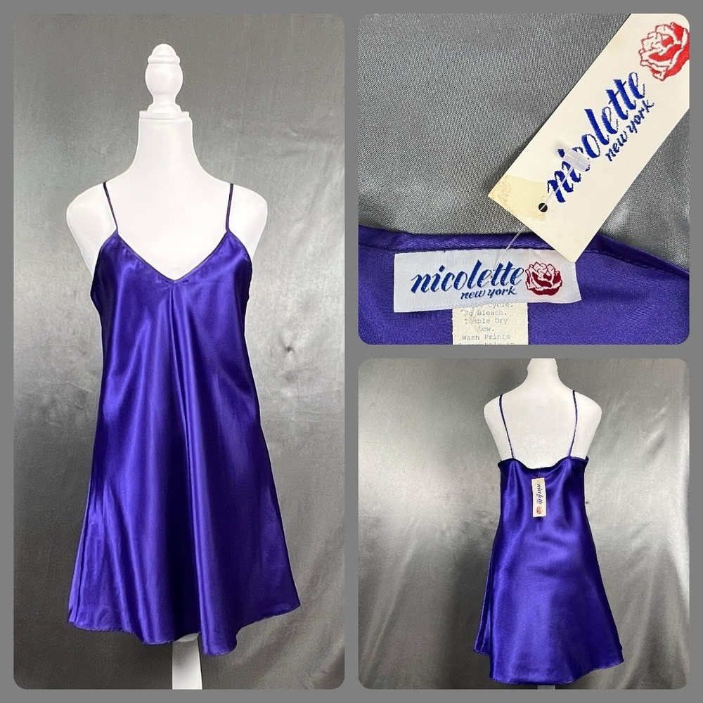 Nicolette New York Vintage Purple Satin Slip Dress Nightgown Size Medium USA 90s